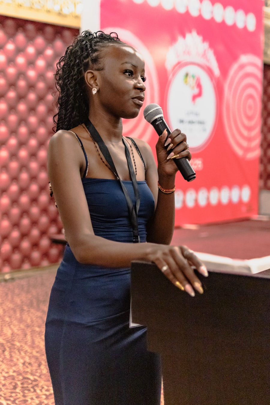 Woman confidently hosting an event from a podium with a microphone