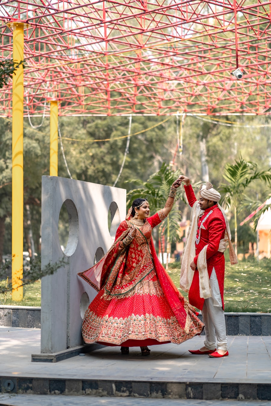 Bride and groom twirling together at their wedding entrance