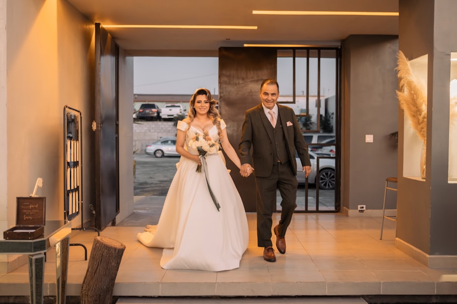 Bride making her entrance hand-in-hand with her father