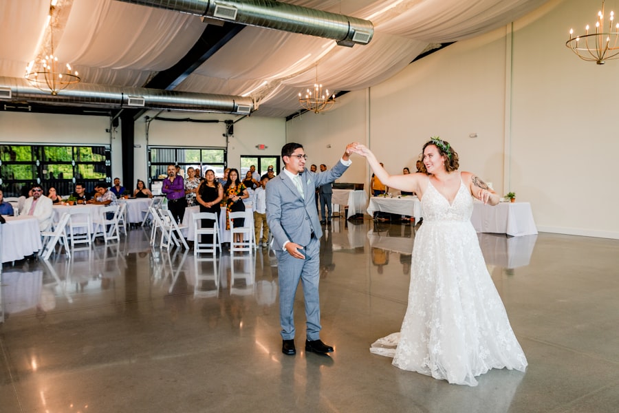 Bride and groom's grand entrance onto the reception dance floor