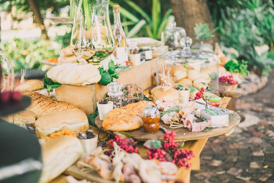 Catering staff serving from a chafing dish buffet