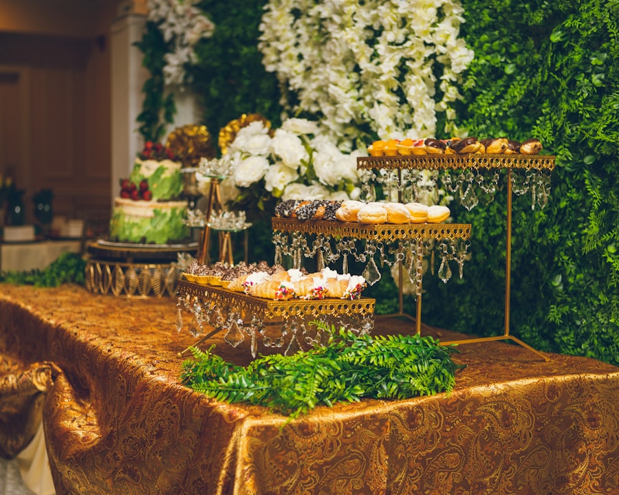 Elegant gold tiered dessert display with florals
