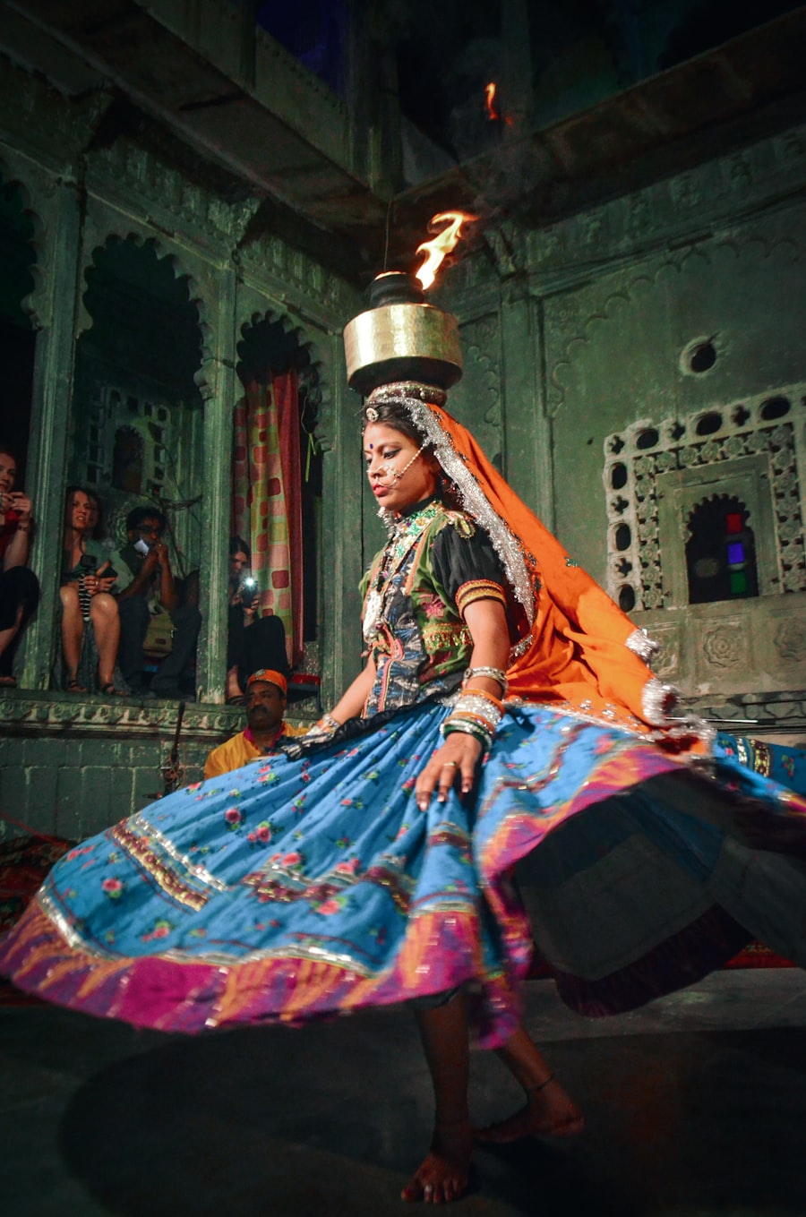 Rajasthani folk dancer spinning with a fire pot balanced on her head