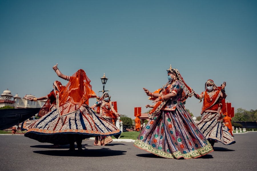 Group of women in traditional dress twirling in a folk dance