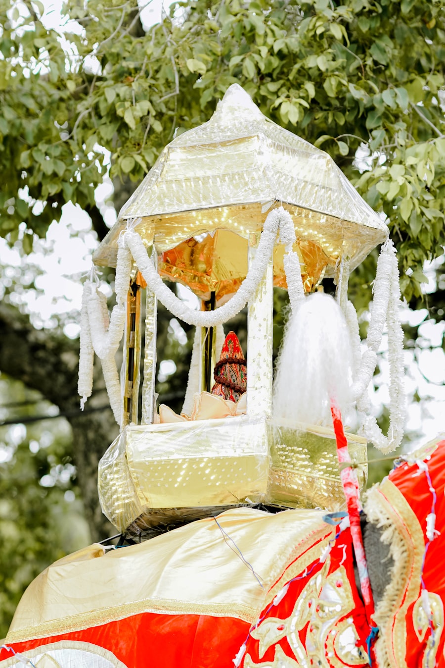Ceremonial elephant decorated with a golden howdah for the baraat