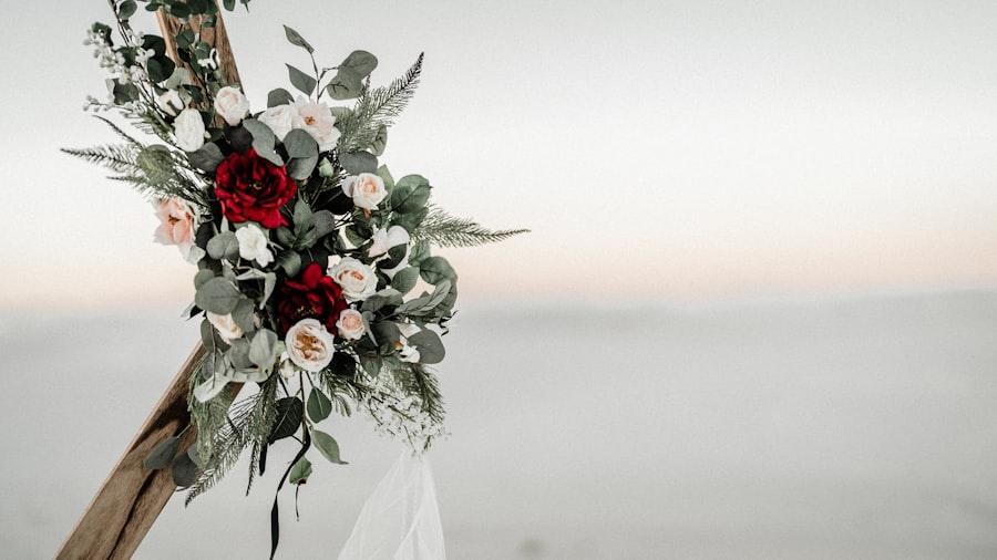 Floral corner detail of a decorated wedding entry arch