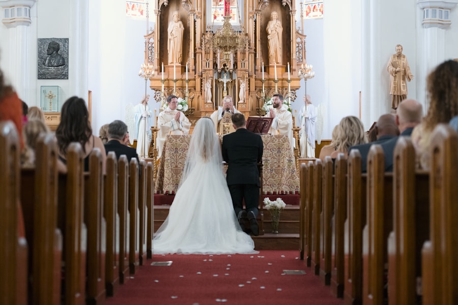Bride and groom at the altar after walking the decorated aisle
