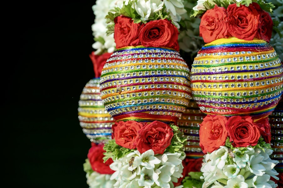 Decorated pots with roses and jasmine flowers