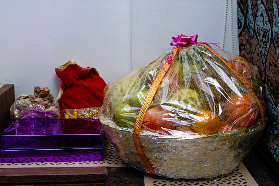 Traditional Indian fruit basket wrapped in cellophane with ribbon