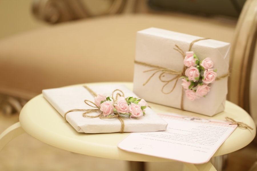 Elegant paper-wrapped gifts tied with pink rose accents