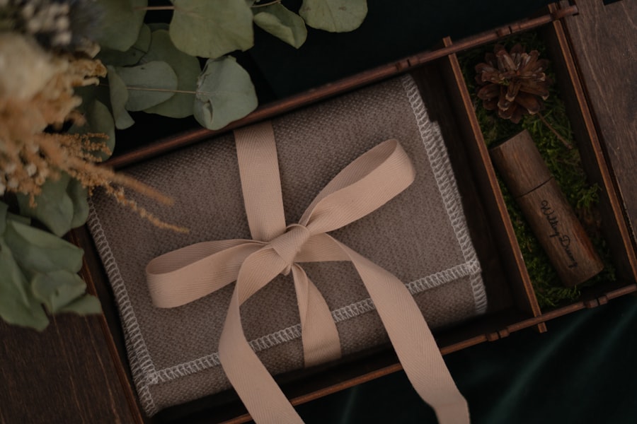 Rustic wrapped gift box with eucalyptus and twine bow