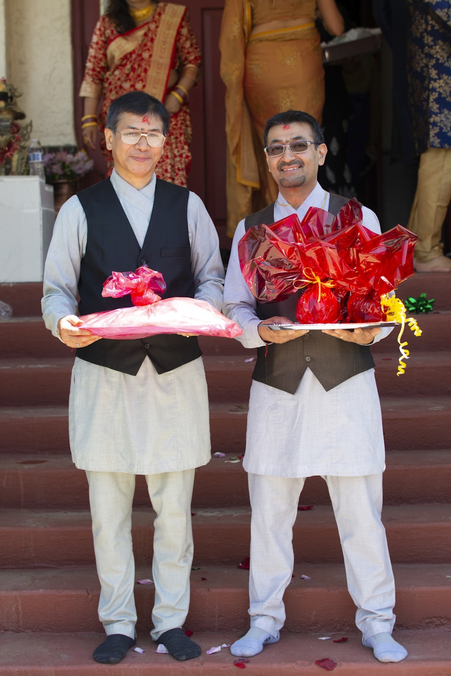 Hosts presenting wrapped gift trays to arriving guests