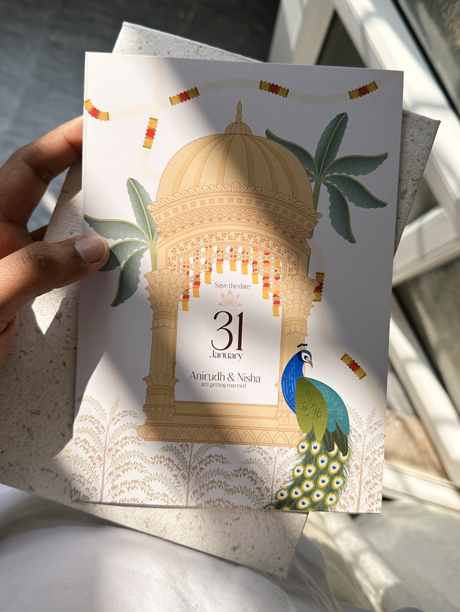 Illustrated save-the-date card with peacock and mandap motif