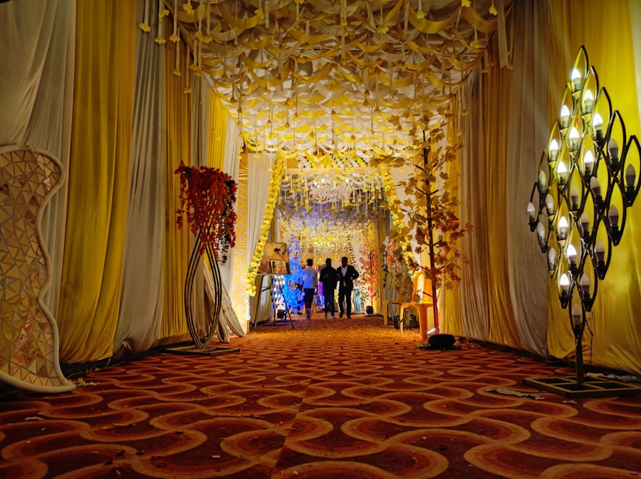 Wedding entrance corridor decorated with light installations