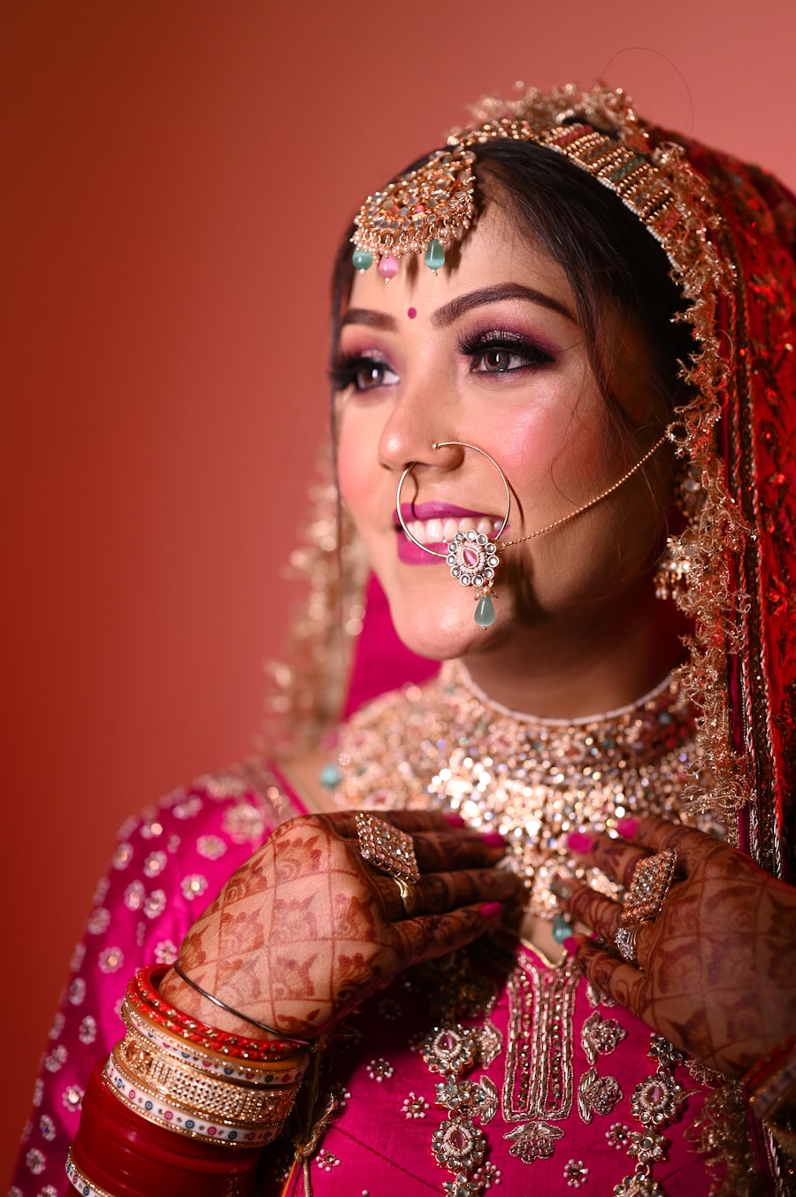 Bride with finished bridal makeup and traditional jewelry