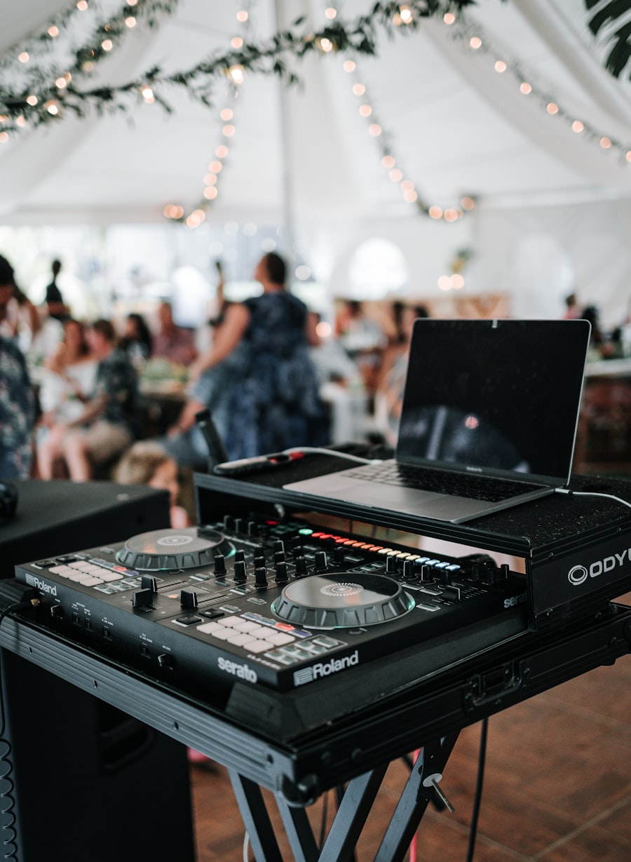 DJ setup with speaker at an elegant wedding reception