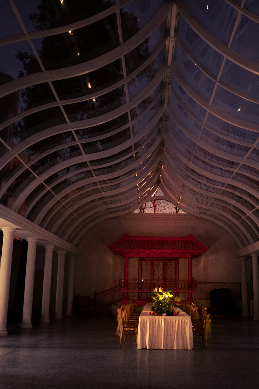 Candlelit wood-paneled ballroom with crystal chandeliers